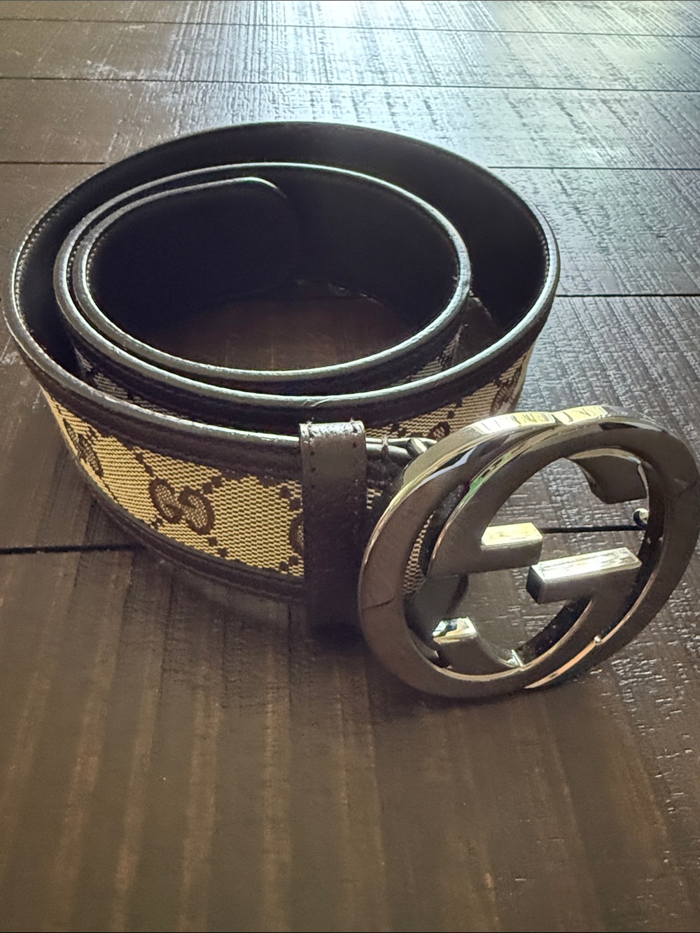 Gucci Brown and Beige GG Canvas Men's Belt with Silver Interlocking GG Buckle